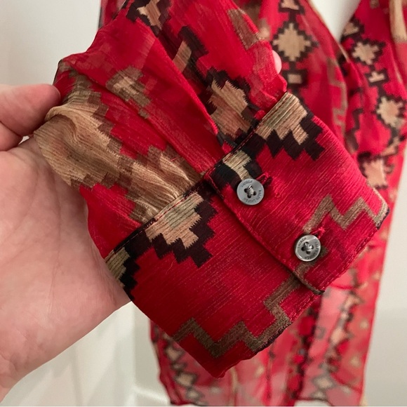 Lauren Ralph Lauren Red Aztec Southwestern Ruffle Button Up Sheer Blouse Size M - Picture 4 of 9